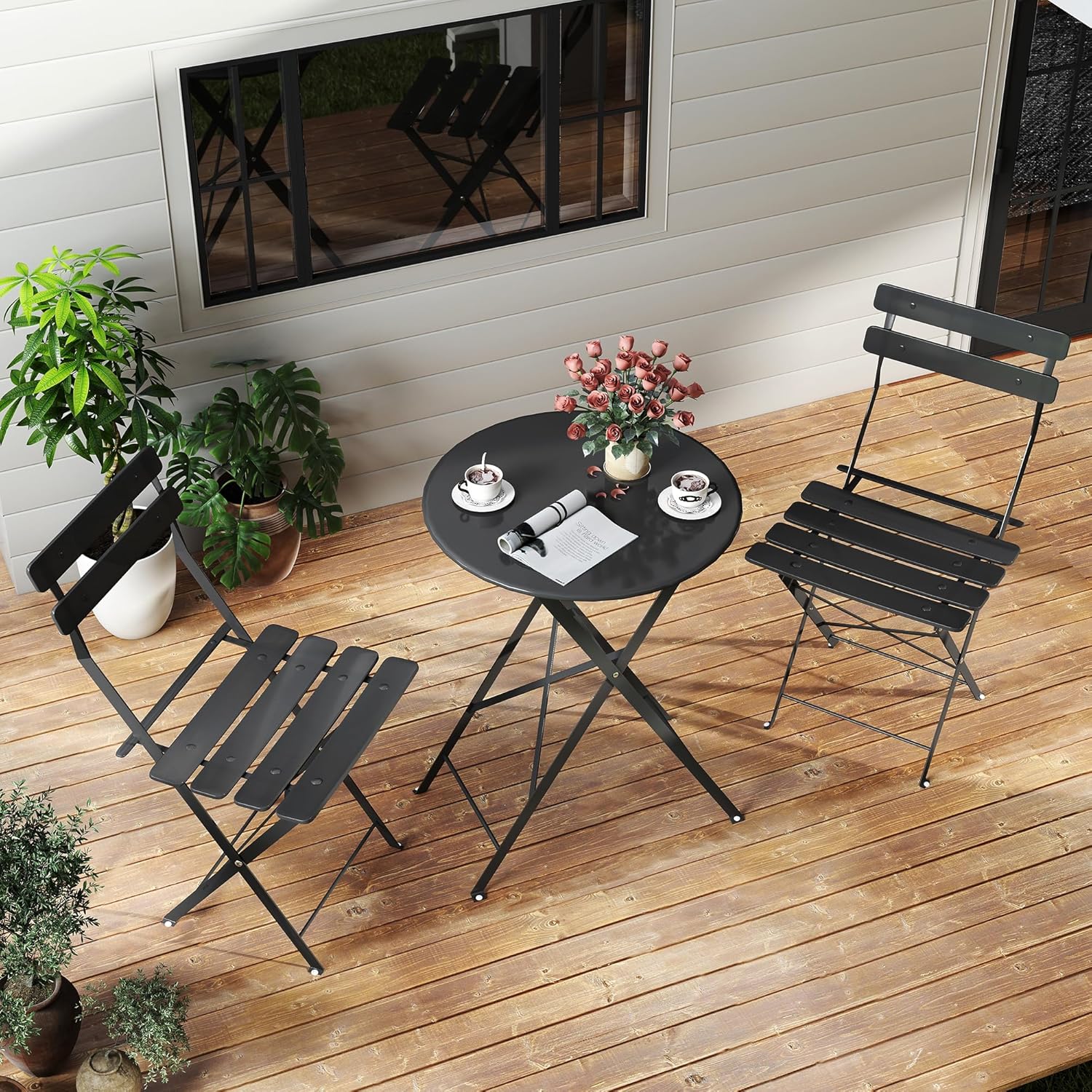 공간 절약형 검정색 3피스 접이식 야외 비스트로 세트, - Outdoor Furniture Table And Chairs 리뷰 및 가격